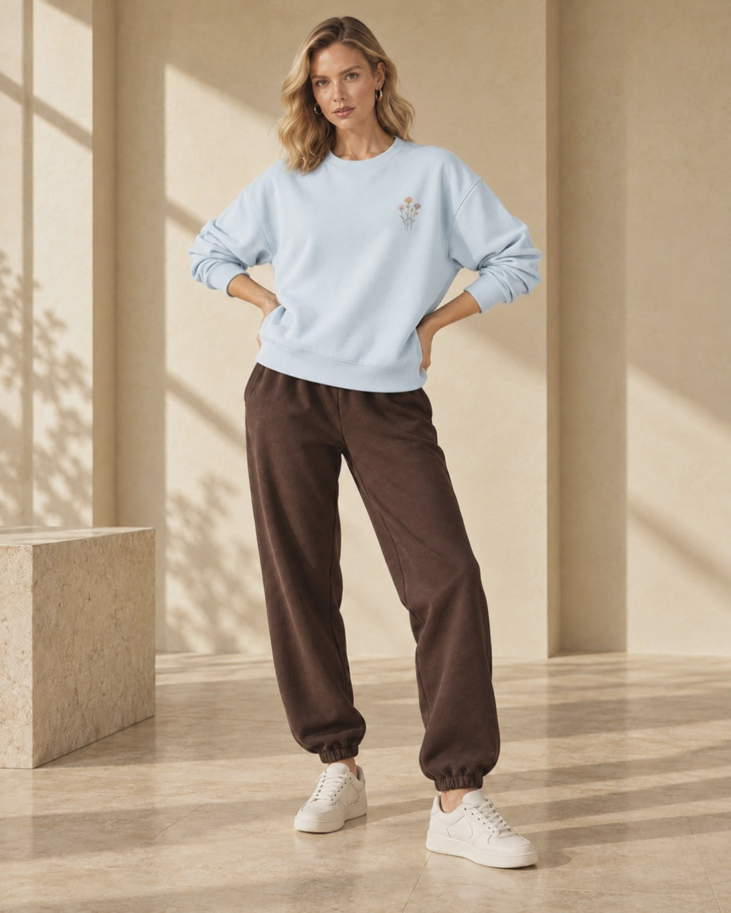 Bluza Lora — Błękit — modelka idzie do przodu, obraca się i uśmiecha. Wizualizacja AI, 10 sekund, bez dźwięku.